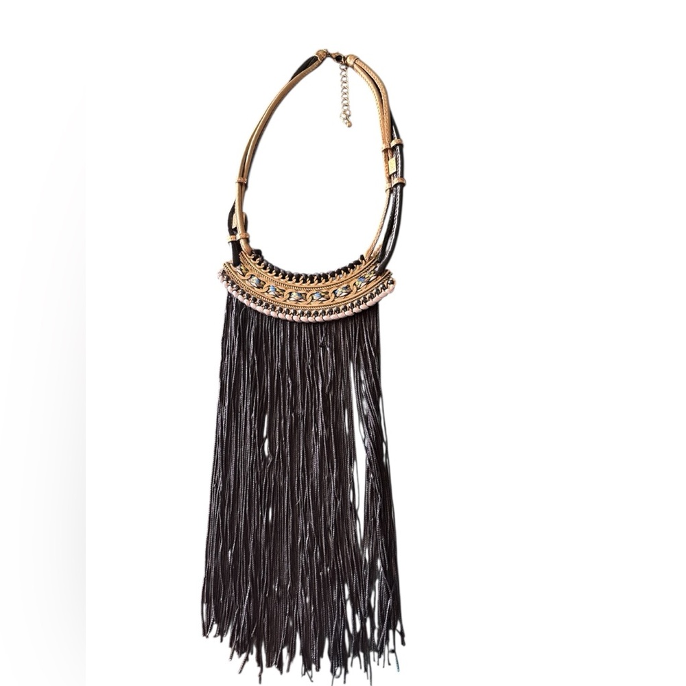 Long Corded Multistrand Black and Gold Fringe Necklace